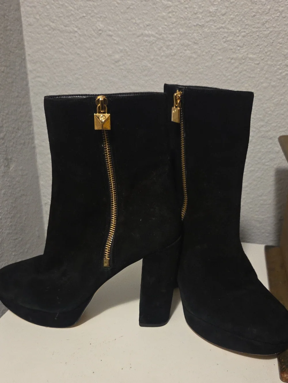 Michael Kors Black Suede Ankle Booties with Gold Zip Detail